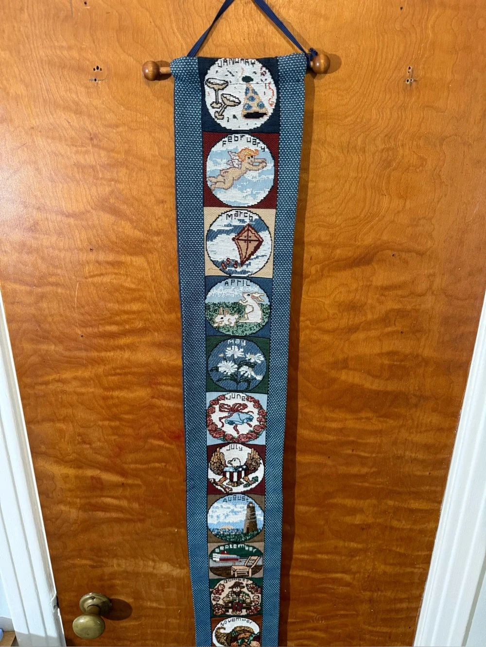 Vintage Long Narrow Tapestry with Months of Year Wall Door Hanging - 35 x 4